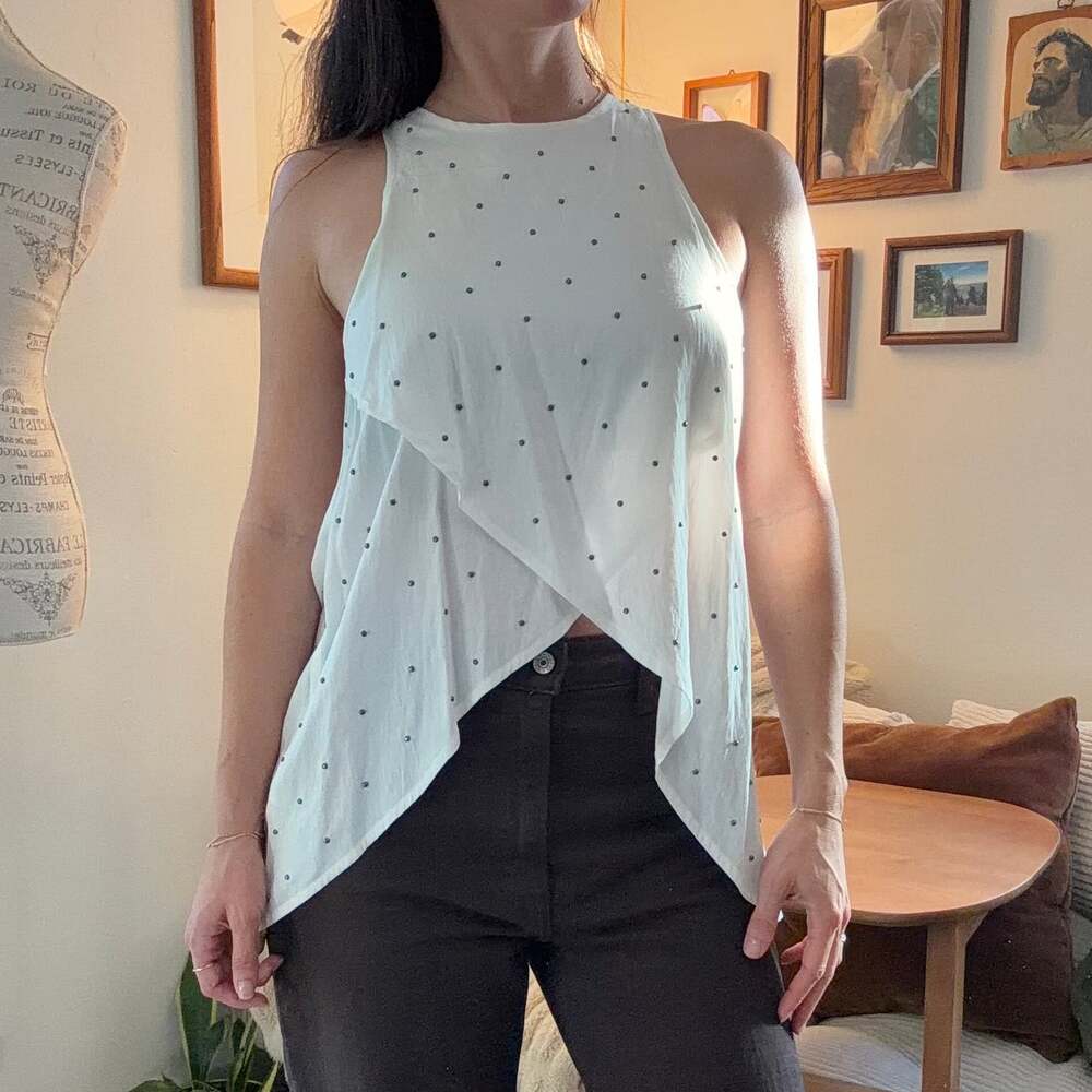 Knot Sisters Studded Asymmetric Cross Front Halter Tank Top Cream White Size S
